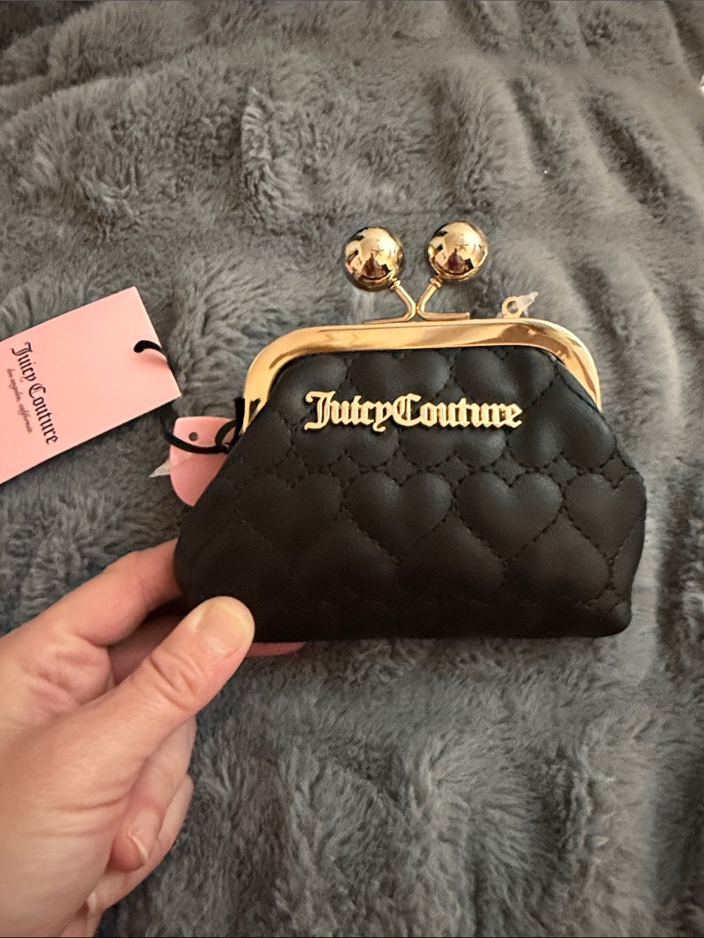 Juicy Couture Black Quilted Heart Coin Purse with Gold-Tone Kiss Lock